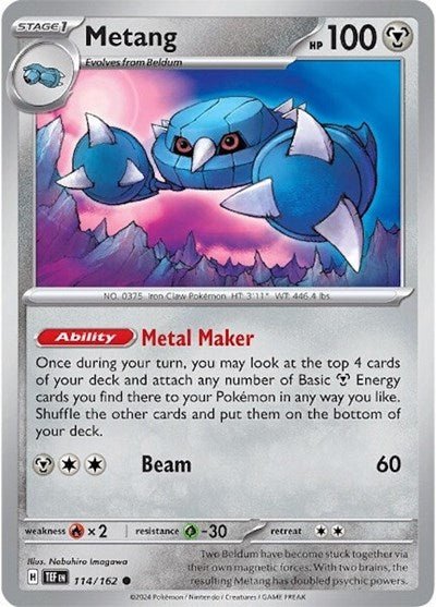 Pokémon card: Metang 114/162 from Temporal Forces (Common), Metal type, front of card