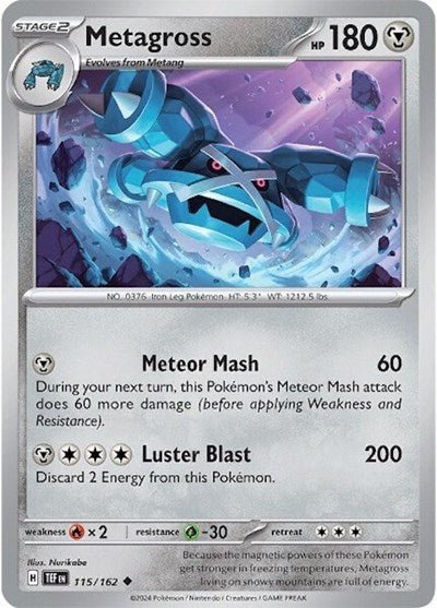 Pokémon card: Metagross 115/162 from Temporal Forces (Uncommon), Metal type, front of card