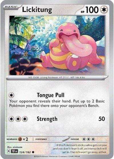 Pokémon card: Lickitung 124/162 from Temporal Forces (Common), Colorless type, front of card