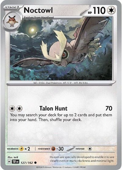 Pokémon card: Noctowl 127/162 from Temporal Forces (Common), Colorless type, front of card