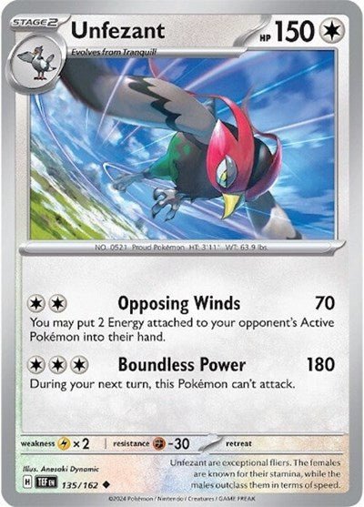 Pokémon card: Unfezant 135/162 from Temporal Forces (Uncommon), Colorless type, front of card
