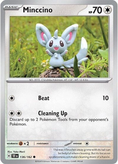 Pokémon card: Minccino 136/162 from Temporal Forces (Common), Colorless type, front of card