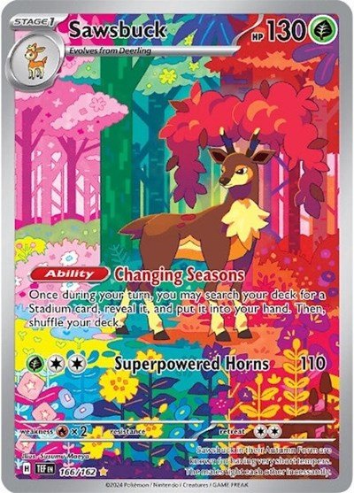 Pokémon card: Sawsbuck 166/162 from Temporal Forces (Illustration Rare), Grass type, front of card