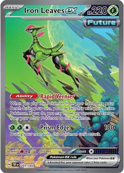 Pokémon card: Iron Leaves ex 203/162 from Temporal Forces (Special Illustration Rare), Grass type, front of card