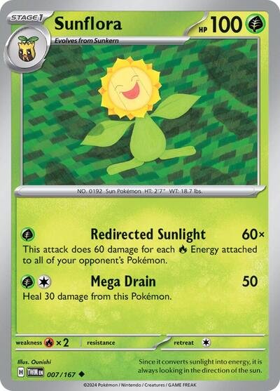 Pokémon card: Sunflora 007/167 from Twilight Masquerade (Uncommon), Grass type, front of card