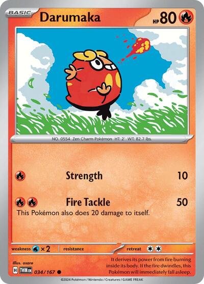 Pokémon card: Darumaka 034/167 from Twilight Masquerade (Common), Fire type, front of card