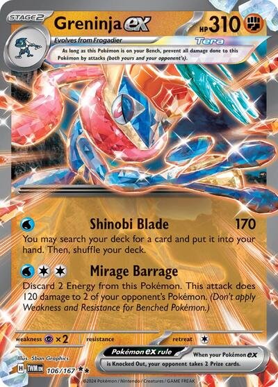 Pokémon card: Greninja ex 106/167 from Twilight Masquerade (Double Rare), Fighting type, front of card