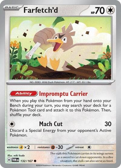 Pokémon card: Farfetch'd 132/167 from Twilight Masquerade (Common), Colorless type, front of card