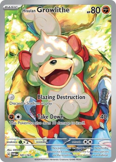Pokémon card: Hisuian Growlithe 181/167 from Twilight Masquerade (Illustration Rare), Fighting type, front of card
