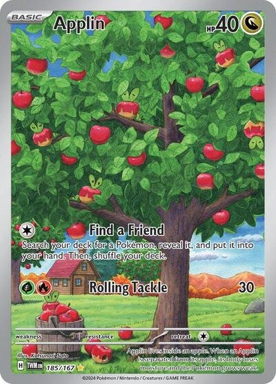Pokémon card: Applin 185/167 from Twilight Masquerade (Illustration Rare), Dragon type, front of card