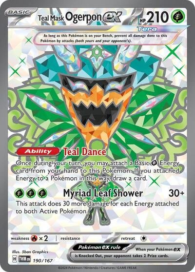 Pokémon card: Teal Mask Ogerpon ex 190/167 from Twilight Masquerade (Ultra Rare), Grass type, front of card