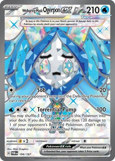 Pokémon card: Wellspring Mask Ogerpon ex 194/167 from Twilight Masquerade (Ultra Rare), Water type, front of card