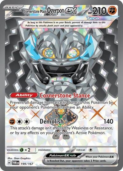 Pokémon card: Cornerstone Mask Ogerpon ex 199/167 from Twilight Masquerade (Ultra Rare), Fighting type, front of card
