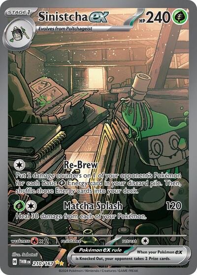 Pokémon card: Sinistcha ex 210/167 from Twilight Masquerade (Special Illustration Rare), Grass type, front of card