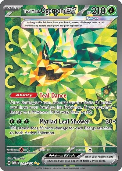 Pokémon card: Teal Mask Ogerpon ex 211/167 from Twilight Masquerade (Special Illustration Rare), Grass type, front of card