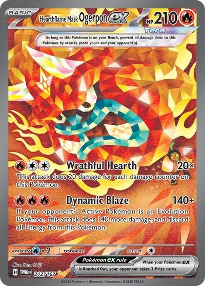 Pokémon card: Hearthflame Mask Ogerpon ex 212/167 from Twilight Masquerade (Special Illustration Rare), Fire type, front of card