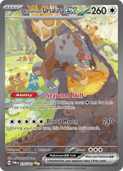 Pokémon card: Bloodmoon Ursaluna ex 216/167 from Twilight Masquerade (Special Illustration Rare), Colorless type, front of card