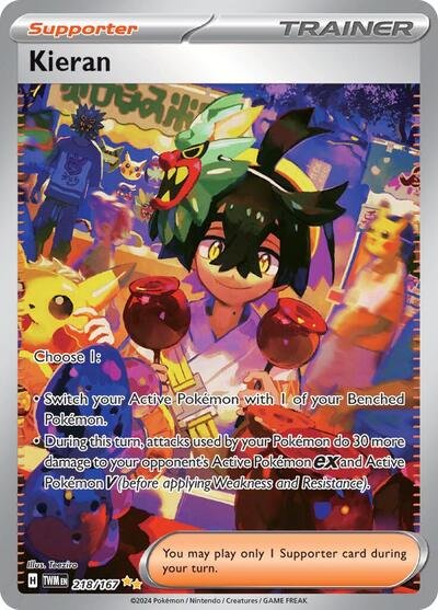 Pokémon card: Kieran 218/167 from Twilight Masquerade (Special Illustration Rare), front of card