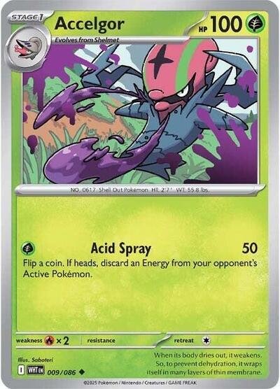 Pokémon card: Accelgor (Master Ball Pattern) 009/086 from White Flare (Uncommon), Grass type, front of card