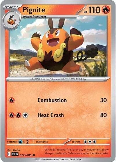 Pokémon card: Pignite 012/086 from White Flare (Common), Fire type, front of card