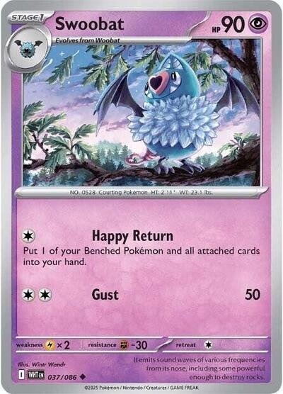 Pokémon card: Swoobat 037/086 from White Flare (Uncommon), Psychic type, front of card