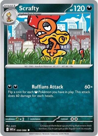 Pokémon card: Scrafty (Master Ball Pattern) 058/086 from White Flare (Uncommon), Darkness type, front of card