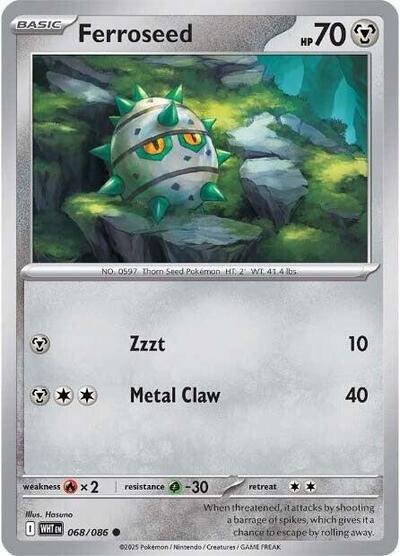 Pokémon card: Ferroseed 068/086 from White Flare (Common), Metal type, front of card
