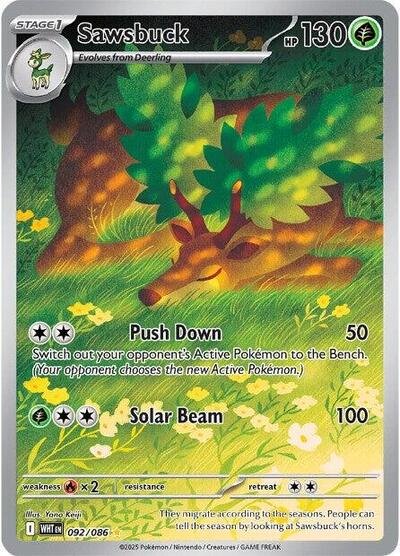 Pokémon card: Sawsbuck 092/086 from White Flare (Illustration Rare), Grass type, front of card