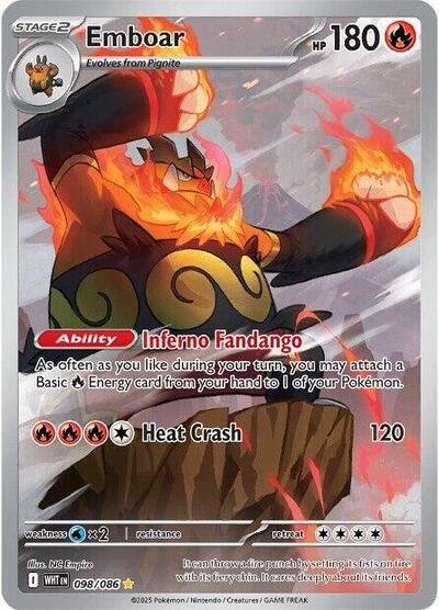 Pokémon card: Emboar 098/086 from White Flare (Illustration Rare), Fire type, front of card