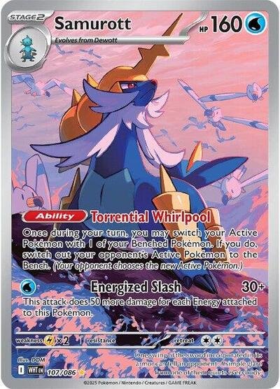 Pokémon card: Samurott 107/086 from White Flare (Illustration Rare), Water type, front of card