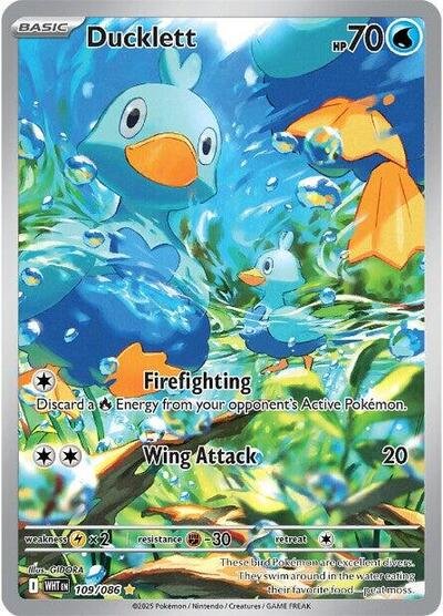 Pokémon card: Ducklett 109/086 from White Flare (Illustration Rare), Water type, front of card