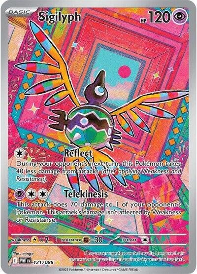Pokémon card: Sigilyph 121/086 from White Flare (Illustration Rare), Psychic type, front of card