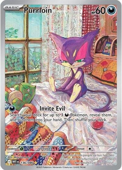 Pokémon card: Purrloin 136/086 from White Flare (Illustration Rare), Darkness type, front of card