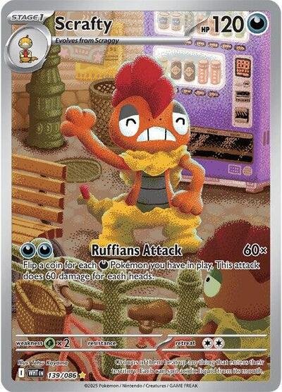 Pokémon card: Scrafty 139/086 from White Flare (Illustration Rare), Darkness type, front of card