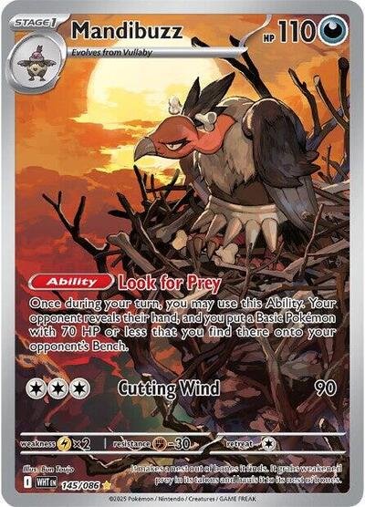 Pokémon card: Mandibuzz 145/086 from White Flare (Illustration Rare), Darkness type, front of card