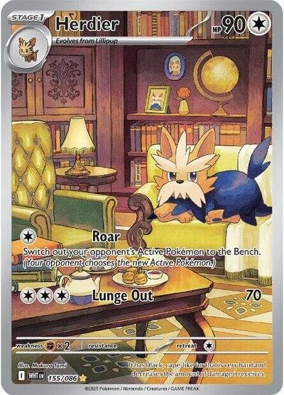 Pokémon card: Herdier 155/086 from White Flare (Illustration Rare), Colorless type, front of card