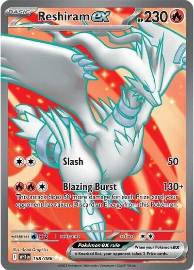 Pokémon card: Reshiram ex 158/086 from White Flare (Ultra Rare), Fire type, front of card