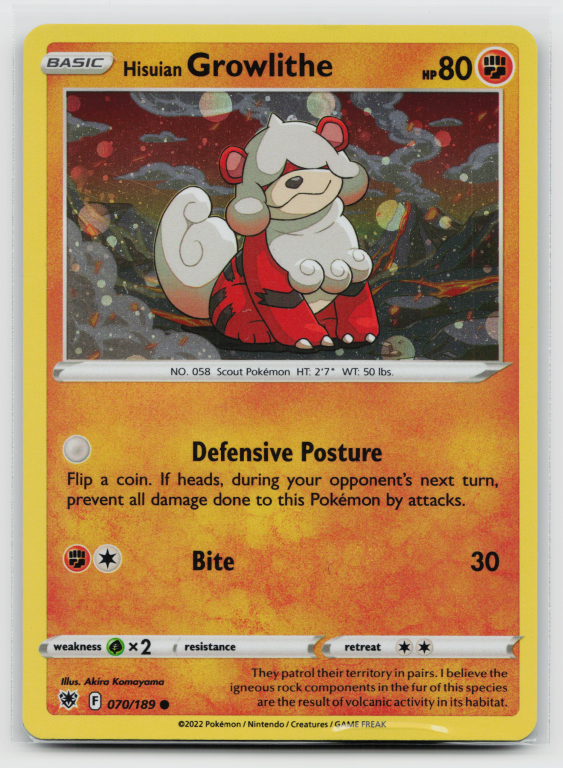 Pokémon card: Hisuian Growlithe Common (Cosmos Holofoil Promo) 070/189 from Astral Radiance (Common), Fighting type, front of card