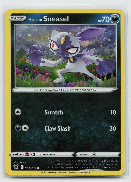 Pokémon card: Hisuian Sneasel Common (Cosmos Holofoil Promo) 092/189 from Astral Radiance (Common), Darkness type, front of card