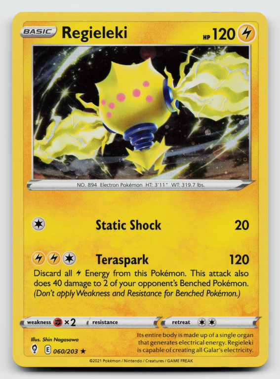 Pokémon card: Regieleki Holo Rare (Holofoil Promo) 060/203 from Evolving Skies (Holo Rare), Lightning type, front of card