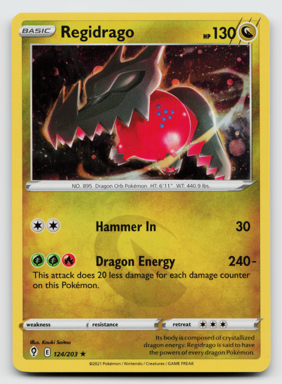 Pokémon card: Regidrago Holo Rare (Holofoil Promo) 124/203 from Evolving Skies (Holo Rare), Dragon type, front of card