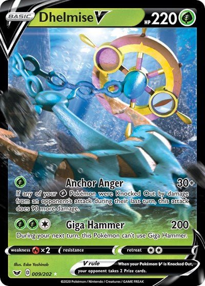 Pokémon card: Dhelmise V 009/202 from Sword & Shield base set (Ultra Rare), Grass type, front of card