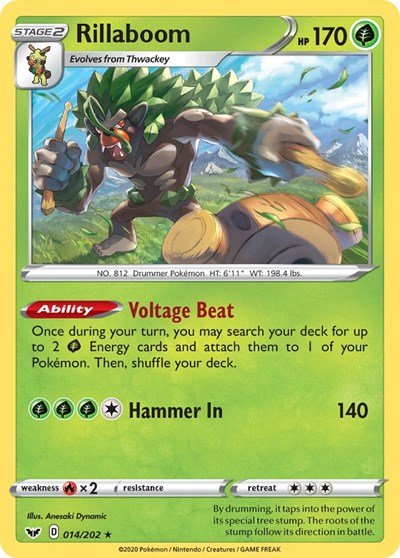 Pokémon card: Rillaboom 014/202 from Sword & Shield base set (Holo Rare), Grass type, front of card