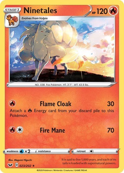 Pokémon card: Ninetales 023/202 from Sword & Shield base set (Rare), Fire type, front of card