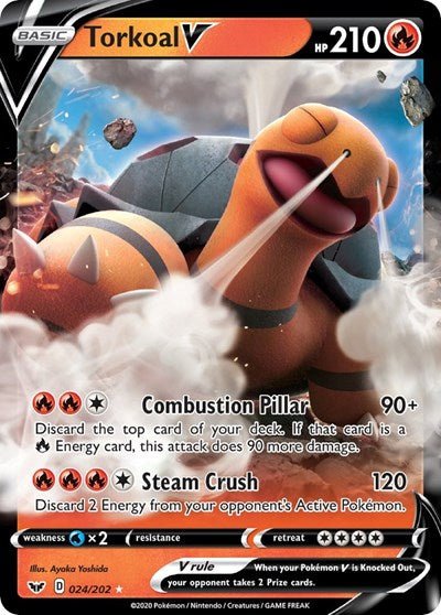 Pokémon card: Torkoal V 024/202 from Sword & Shield base set (Ultra Rare), Fire type, front of card