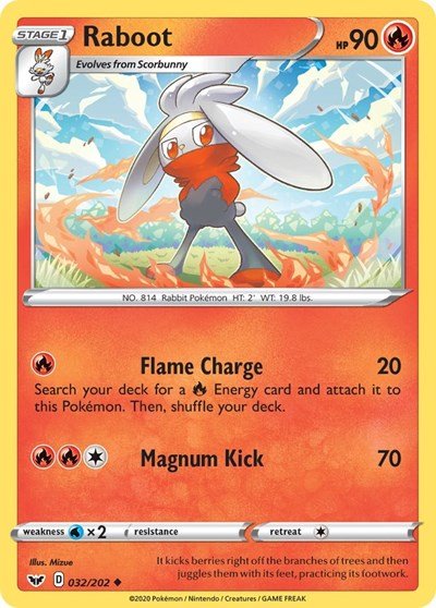 Pokémon card: Raboot 032/202 from Sword & Shield base set (Uncommon), Fire type, front of card