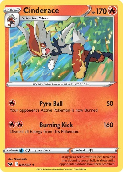 Pokémon card: Cinderace 035/202 from Sword & Shield base set (Holo Rare), Fire type, front of card