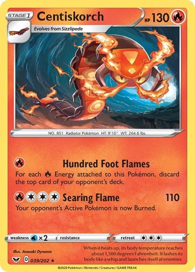 Pokémon card: Centiskorch 039/202 from Sword & Shield base set (Rare), Fire type, front of card