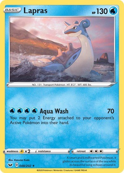 Pokémon card: Lapras 048/202 from Sword & Shield base set (Rare), Water type, front of card