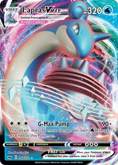 Pokémon card: Lapras VMAX 050/202 from Sword & Shield base set (Ultra Rare), Water type, front of card